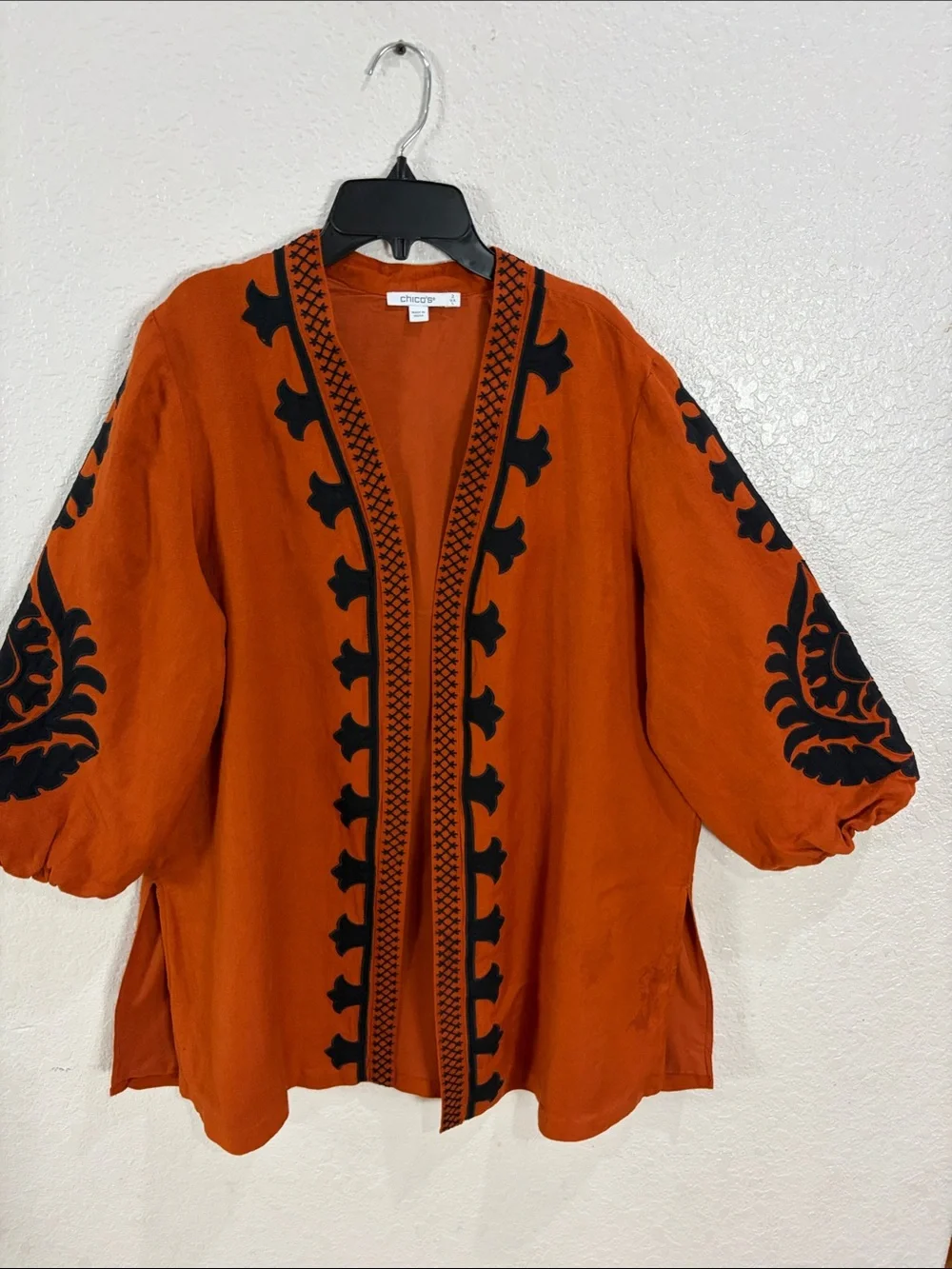 Chico's Burnt Orange Open Embroidered Cardigan with Black Motifs,Size L